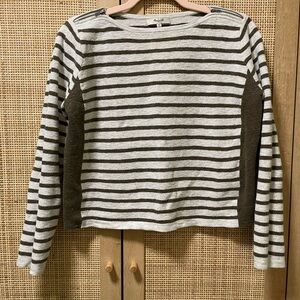 Madewell Striped Cream and Dark Green Sweater with Zipper Detail